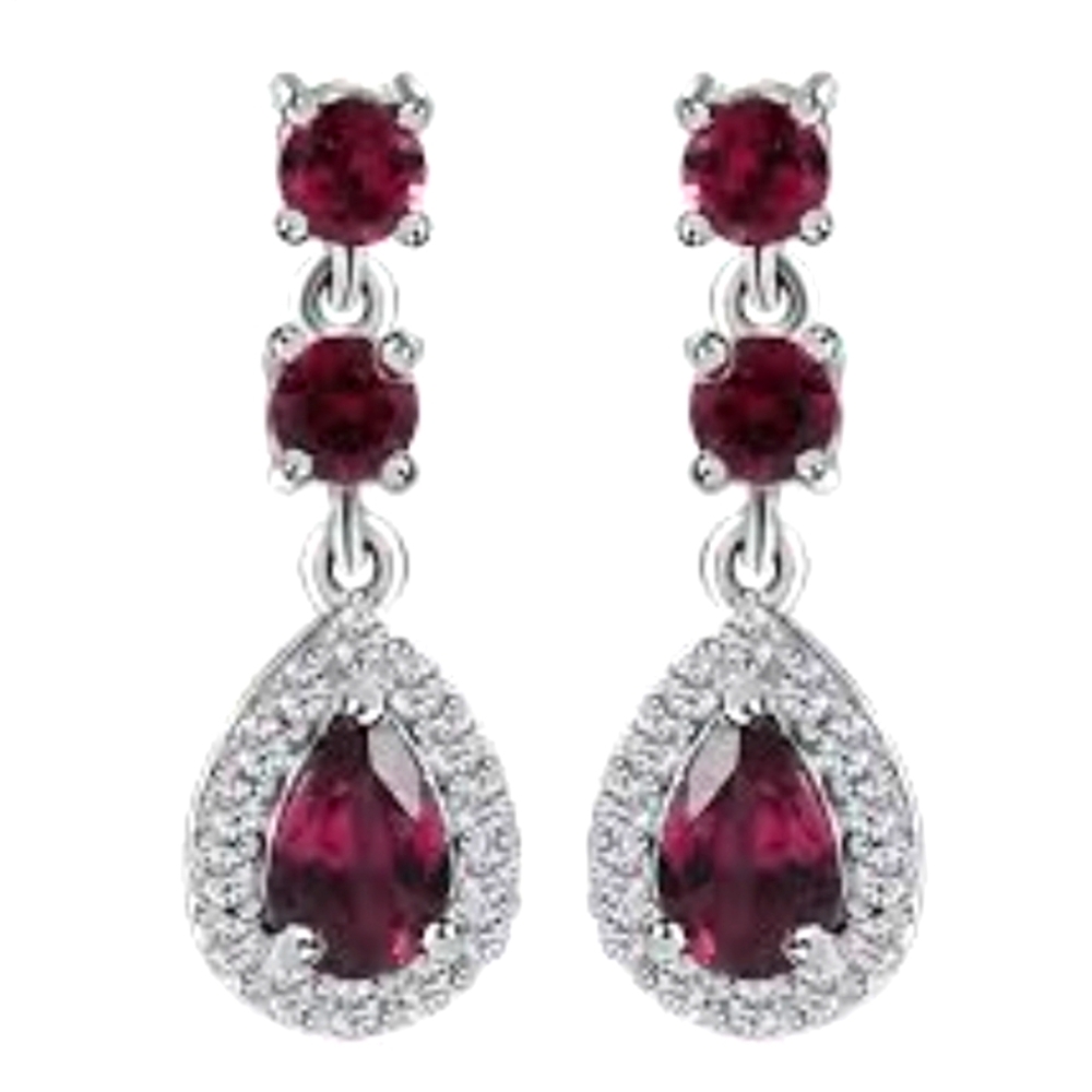 Tanzanian Wine Garnet & White Zircon Earrings in Rhodium & Sterling Silver 2 Cts - Picture 2 of 8